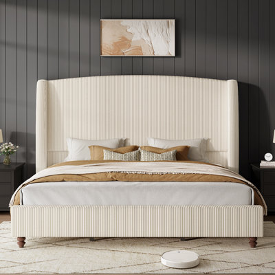 80.3'' W Modern Elegant Arched-Top Wingback Textured Corduroy Upholstered King Bed