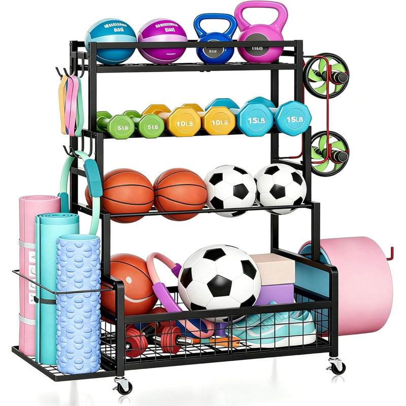 Rangement pour équipement de sport Garage, organisateur de ballon de sport avec roues, poche en filet, panier