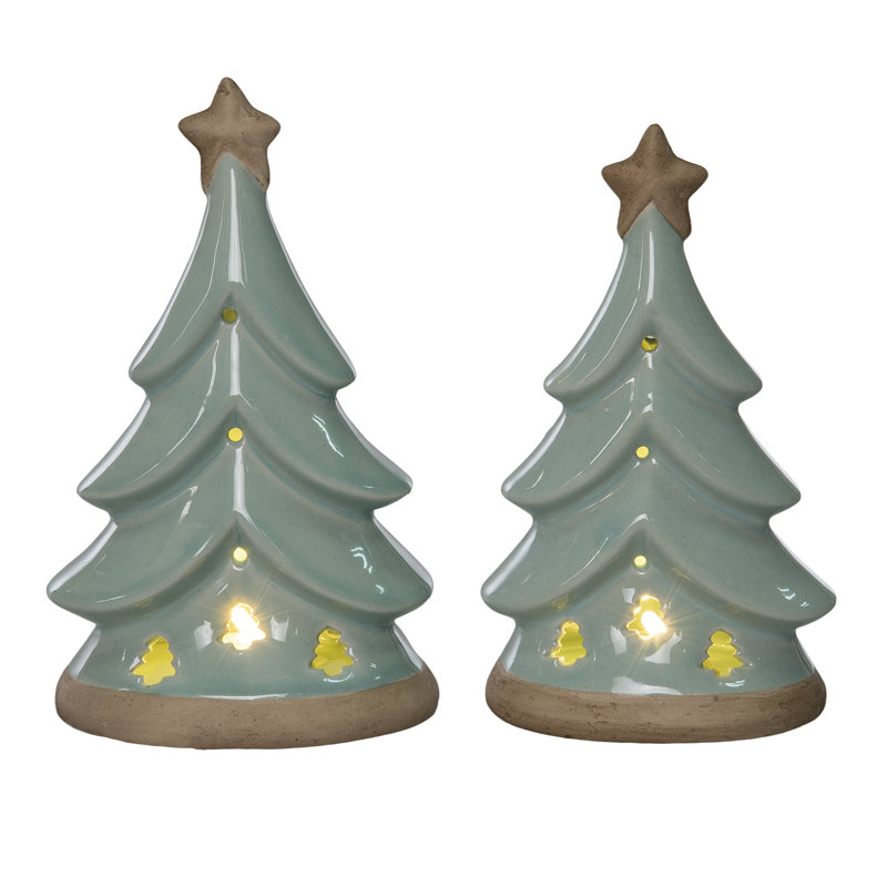 Ensemble de 2 boîtes décoratives en céramique, vert, céramique, plateau de table, salon, Noël, décoration de Noël, éclairage à DEL