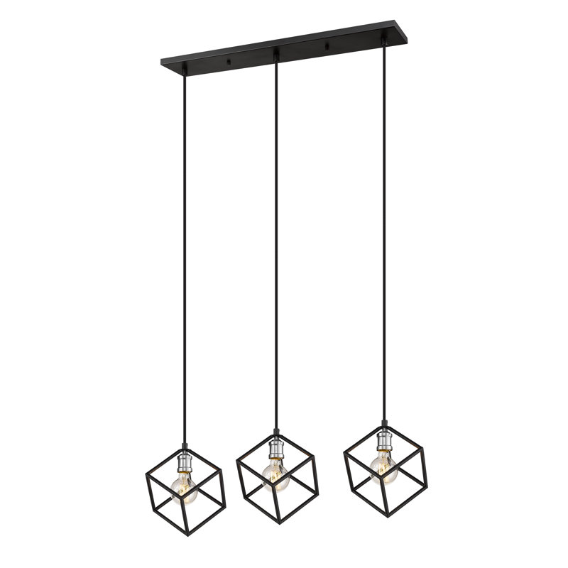 Suspension carrée 3 lumières grappe Grenelle, Noir mat / nickel brossé