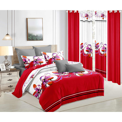 California King Size Comforter Set 9 Pieces, All Season Luxury Bed in a Bag for Bedroom, With Matching Curtains, Soft Microfiber, Red and White Butterfly