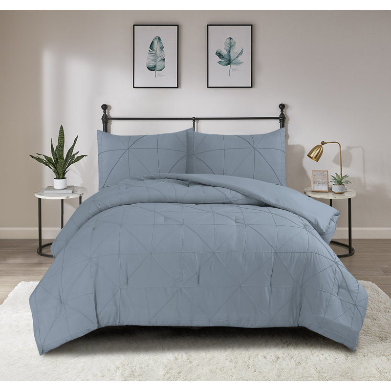 Ensemble d'édredon en microfibre Hartford Pintuck, Édredon pour très grand lit + 2 taies décorativ, Bleu