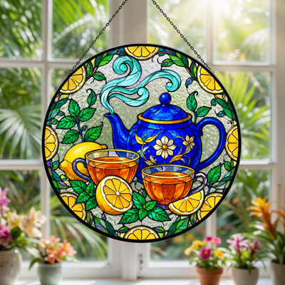 Théière bleue et tasses à thé sur toile de style vitrail citron