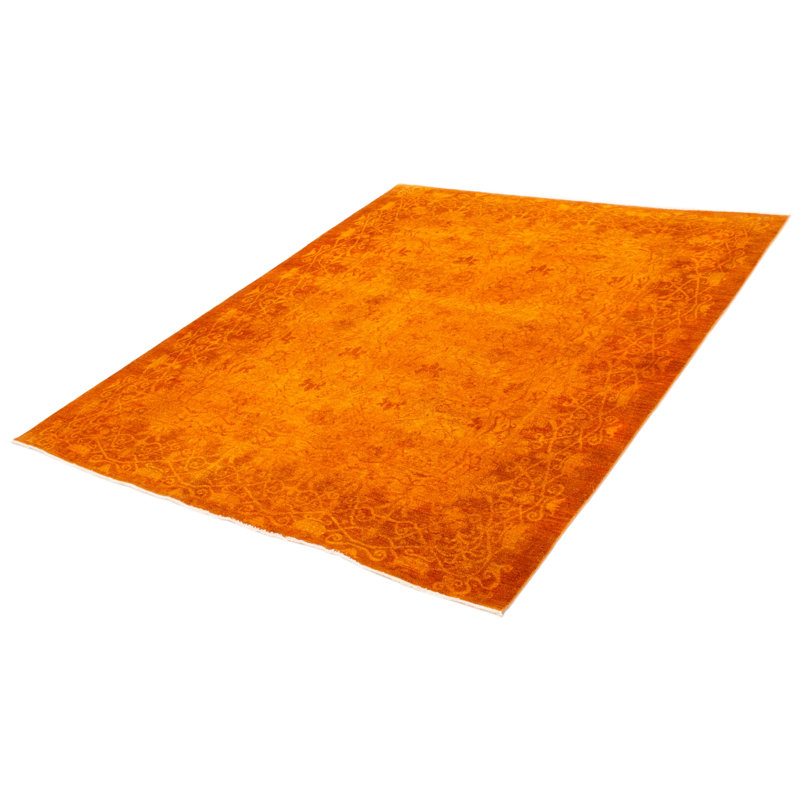 Tapis orange en laine noué à la main de conception unique 7 pi 10 po x 9 pi 7 po
