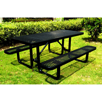 72" Expanded Metal Picnic Table, Black. Steel Frame And Umbrella Hole. Supports 1100lbs. Ideal For Patios, Gardens. Quick Assembly Process Black Table. With Various Outdoor Environments. Easy Setup
