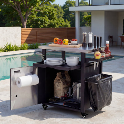 Outdoor Grill Cart Kitchen Island With Wheels, Stainless Steel Top, Spice, Paper Rack And Waterproof Cover