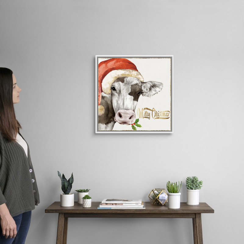 Vache de Noël - reproduction d'art sur toile, H 22 po x l 22 po x P 1,75 po, Cadre blanc