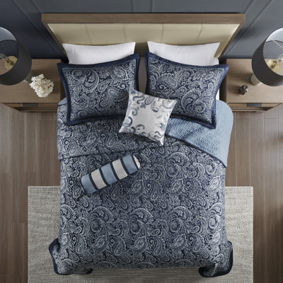 Ensemble de couvre-lit 5 pièces en jacquard bleu marine avec coussins décoratifs - Grand