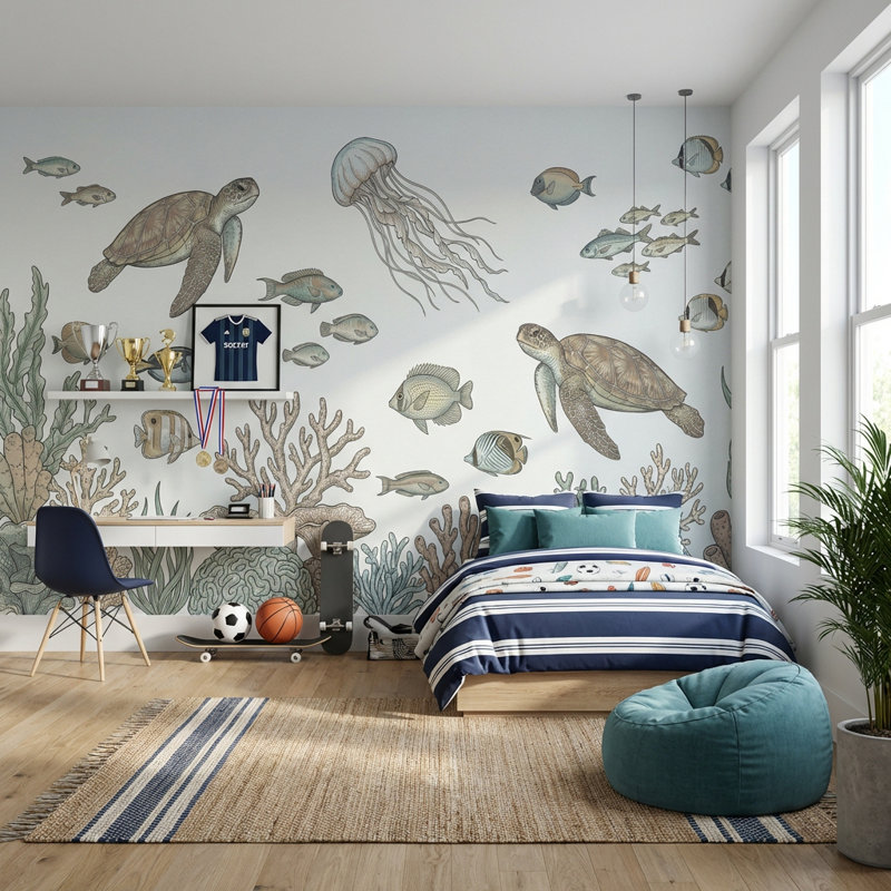 Murale sous-marine Tortues, 120" x 96", Non tissé non collé