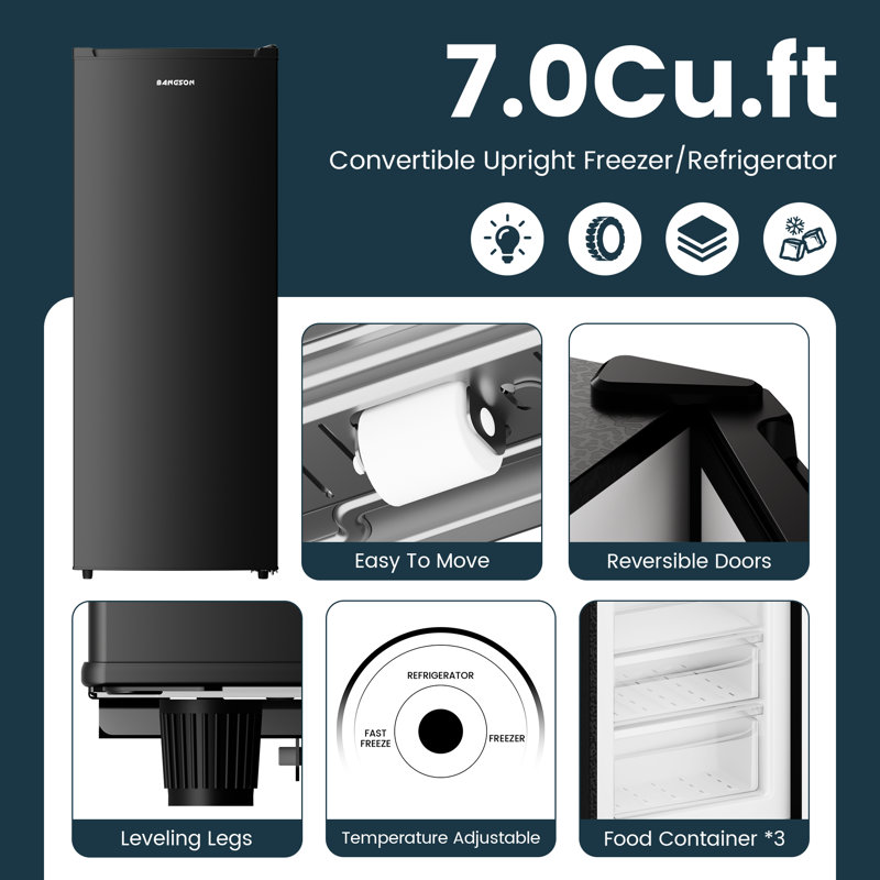 BANGSON Upright Freezer, 7.0 Cu.ft Stand Up Freezer, Convertible Upright Freezer/Refrigerator, Single Door for Kitchen,Garage, Office, Apartment