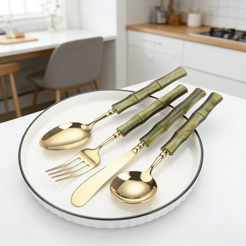 20-Piece Premium Gold-Plated 304 Stainless Steel Flatware Set With Acrylic Bamboo Design For Steak And Fine Dining