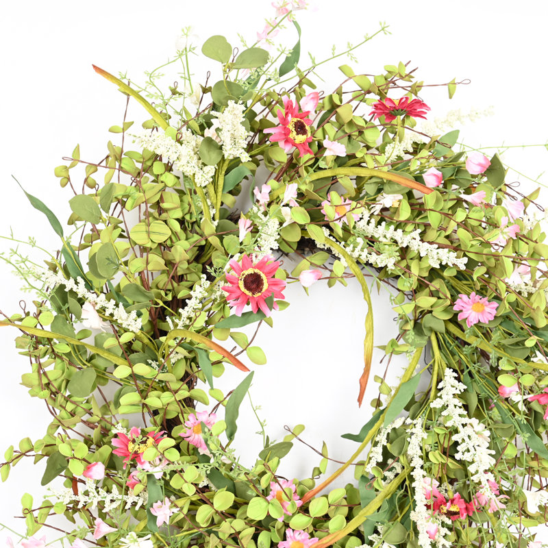26" Artificial Farmhouse Twig Berry Blossoms Cluster Greenery Mini Eucalyptus Daisy Spring Summer Wreath For Front Door