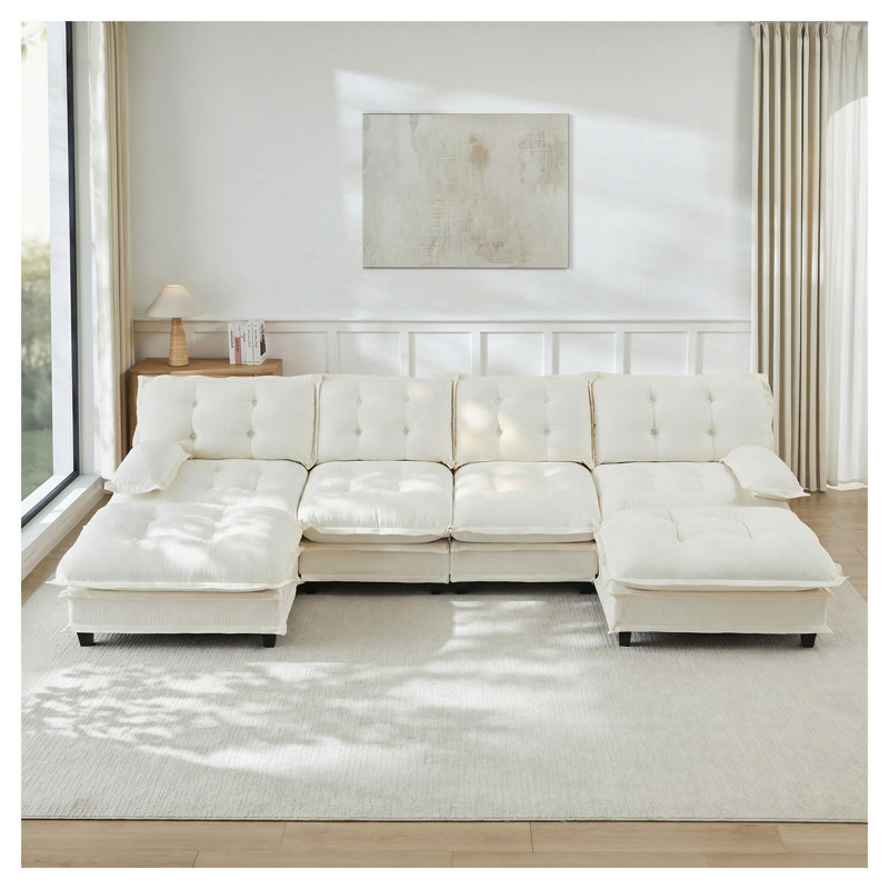 Canapé modulaire en forme de U de 138 po avec 2 repose-pieds, canapé-lit en chenille et siège profond pour salon 4 pièces, beige