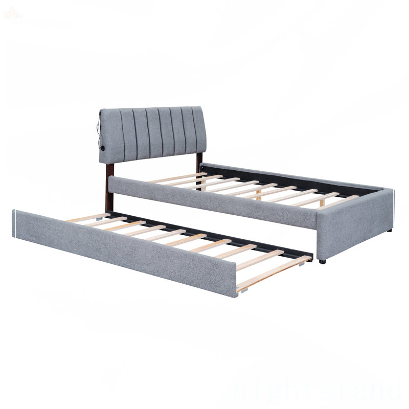 Lit plateforme tapissier avec lit gigogne double Teddy, Gris, Double