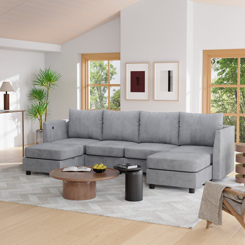 Canapé modulaire en U rembourré en chenille, H 35,83 po x l 104,7 po x P 52 po, Chenille gris pâle