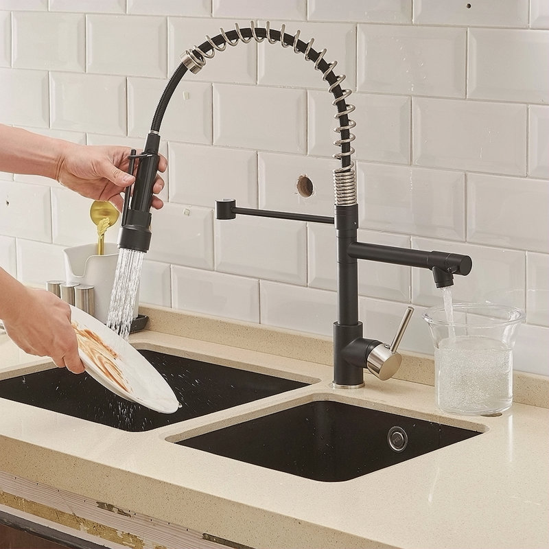 Robinet de cuisine commercial avec pulvérisateur rétractable, robinet d'évier de cuisine à poignée simple, Noir / argenté