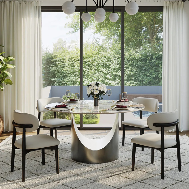 Table de salle à manger moderne en pierre frittée moderne avec base piédestal, H 29,5 po x L 47 po x l 47 po, Blanc lustré