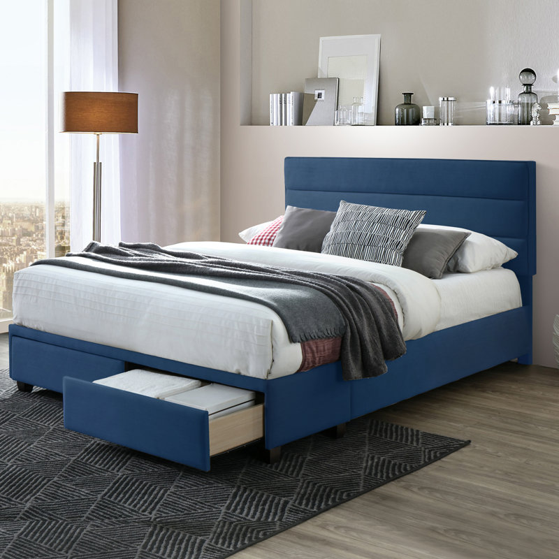 Wenger Upholstered Platform Storage Bed, Navy, Queen