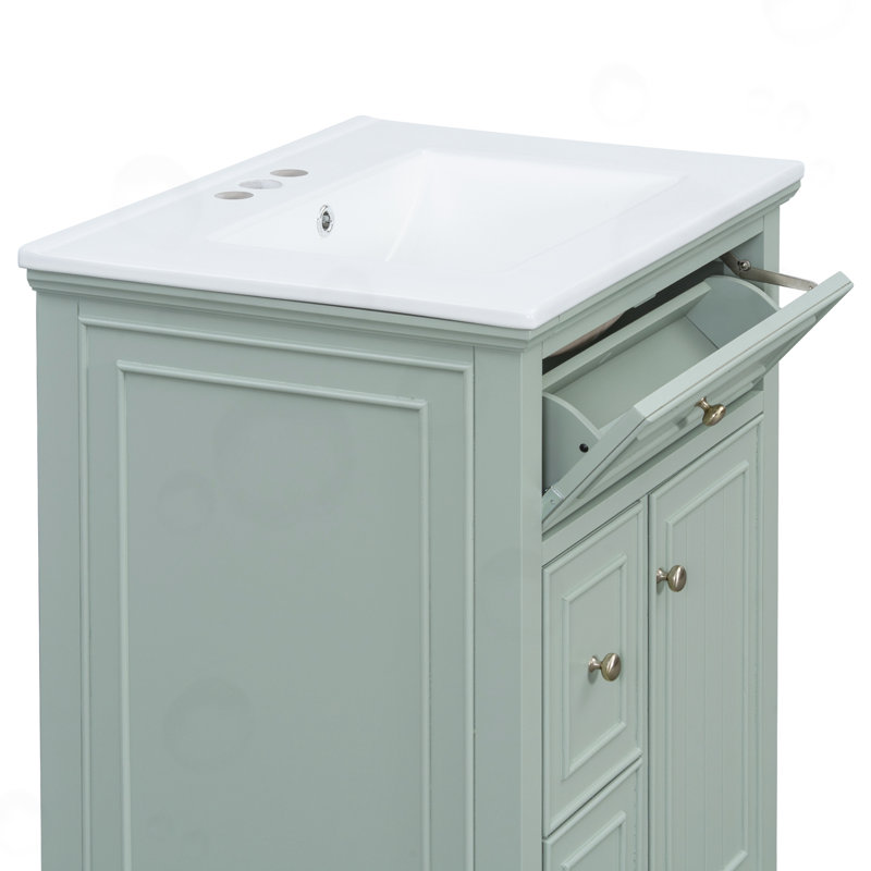 Meuble-lavabo de salle de bain avec tiroir rabattable, 2 tiroirs standard et tablette réglable, Vert/doré