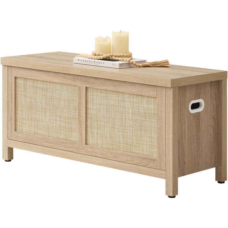 39.4" Bohemian-Inspired Rattan Bench, Multi-Functional With Hidden Storage, Light Oak, 1