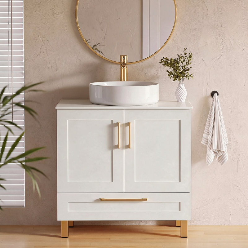 Meuble-lavabo simple autoportant moderne 30 po avec vasque ronde en céramique Mathurn, Blanc mat