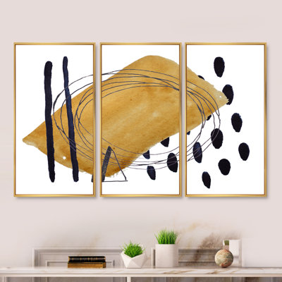 Abstrait géométrique en brun avec pois noirs - ensemble d'art moderne sur toile encadrée moderne de 3