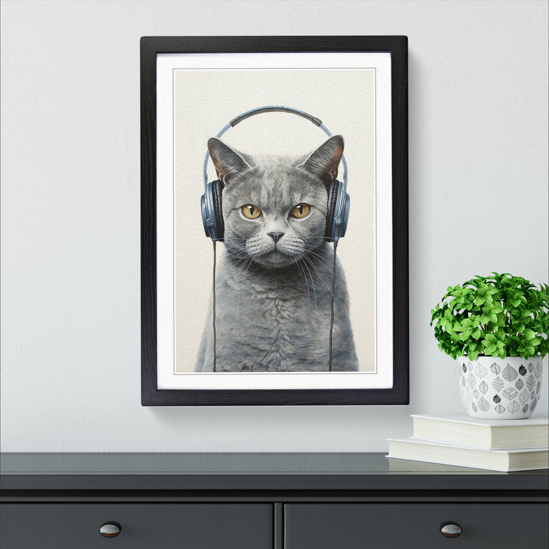 British Shorthair Cat With Headphones - Single Picture Frame Print on Wood, 64cm H x 46cm W x 2cm D, Black Framed