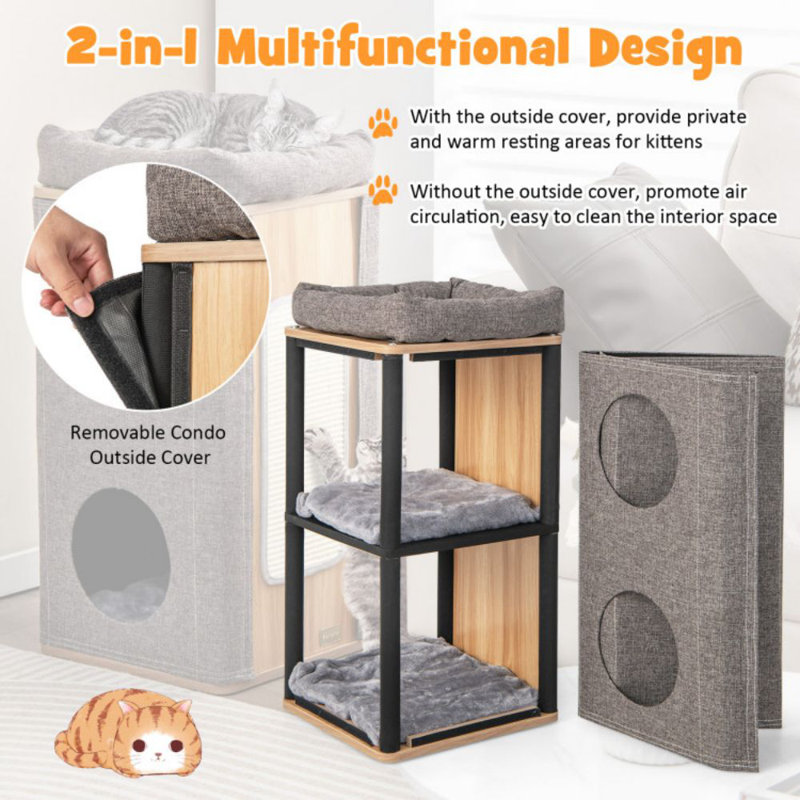 Gray 3-Story Cat House with Sisal Scratching Board