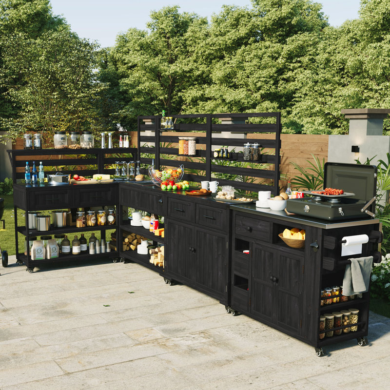 4-Piece Outdoor Rolling Kitchen Island with Sink w/Faucet, Solid Wood Grill Table with Storage Cabinets, Drawers, Stainless Table Top and Movable Shelves for Garden