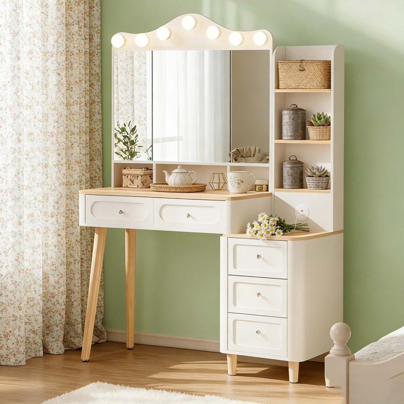 Vanity Desk With Mirror And Lights,Makeup Vanity With 2 USB Power Strip,Vanity Set With Two Drawers And Three-Drawer Chest, 3 Lighting Modes Adjustable Brightness, Foldable Three-Sided Mirror(White)