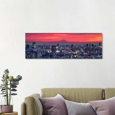 Tokyo Skyline Panorama At Sunset With View Of Mount Fuji by Jan Becke - Wrapped Canvas Panoramic Print