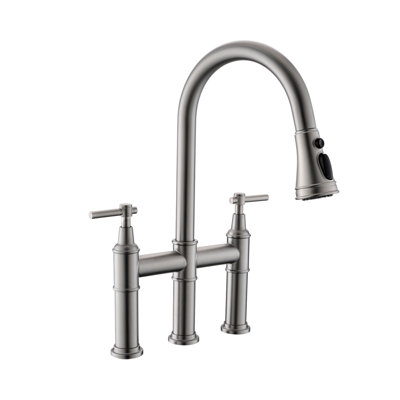 3 Hole Bridge Kitchen Faucet With Pull Down Sprayer,2 Handle Faucet For Kitchen Sinks Pull Out Sprayer Kitchen Sink Faucet
