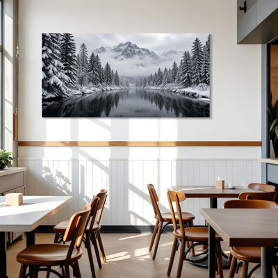 Canvas Wall Art Snowy Mountain Forest River Landscape Misty Peaks Black White Winter Wall Decor for Living Room Bathroom Bedroom Office 24"H x 48"W Art Paintings, Ready to Hang