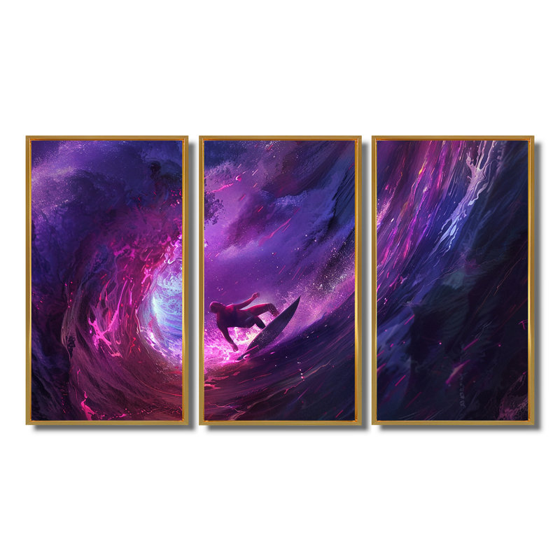 Ensemble de salon Surfeur au milieu du coucher de soleil mauve - Surf Wall Art, Cadre flottant doré