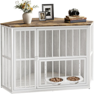 42.5" Corner Wooden Dog Crate End Table with Feeding Bowls, Washed White