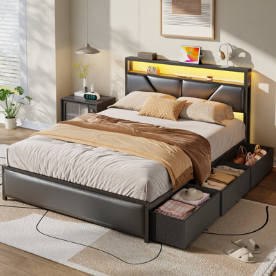 Queen Bed Frame with 6 Underbed Drawers and Open Storage Headboard, Upholstered Platform Bed with Adjustable LED Light and Charging Station, No Box Spring Needed