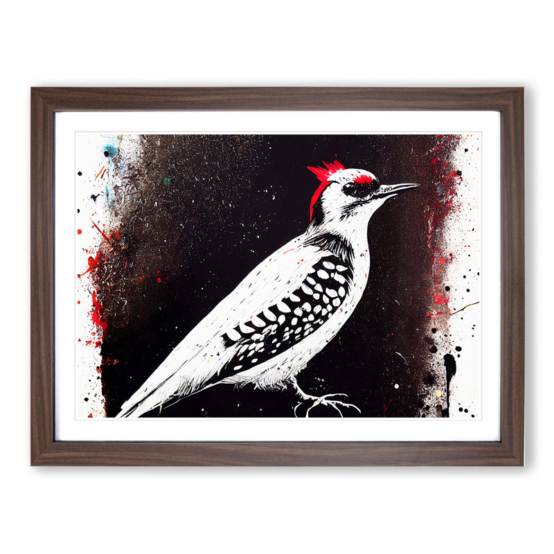 Dramatic Woodpecker Bird Abstract - Single Picture Frame Painting, 34cm H x 46cm W x 2cm D, Walnut Framed