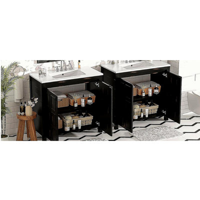 Ensemble de meuble-lavabo 72 po avec deux meubles-lavabos (séparés), deux lavabos en céramique, des portes à fermeture en douceur et une tablette réglable - Armoire de rangement espresso rétro pour une organisation élégante