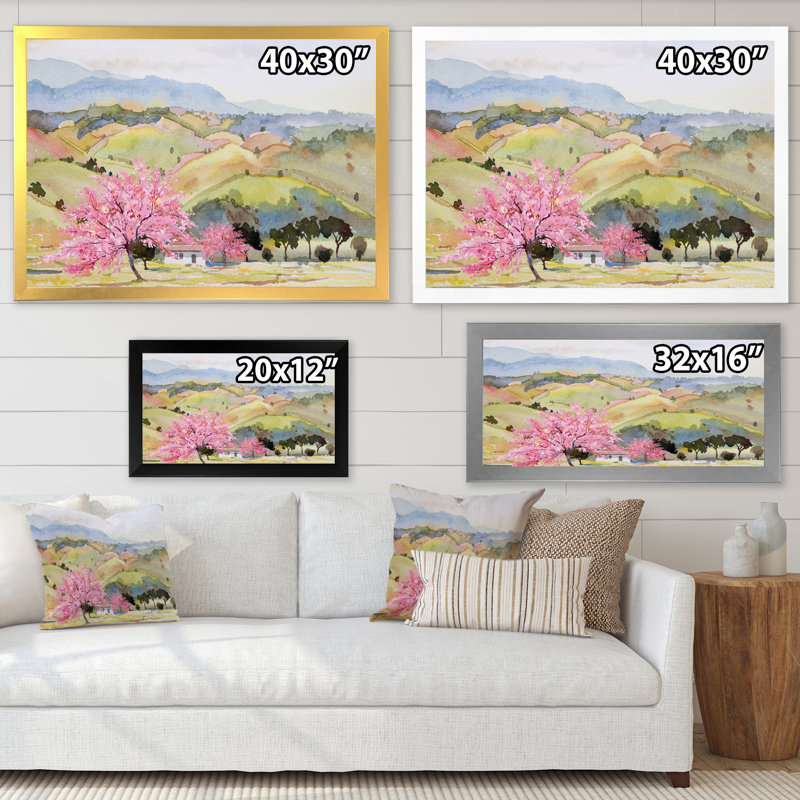 «Pink Mountain Tree in Autumn Landscape», peinture sur toile, Cadre photo noir, L 44 po x H 34 po