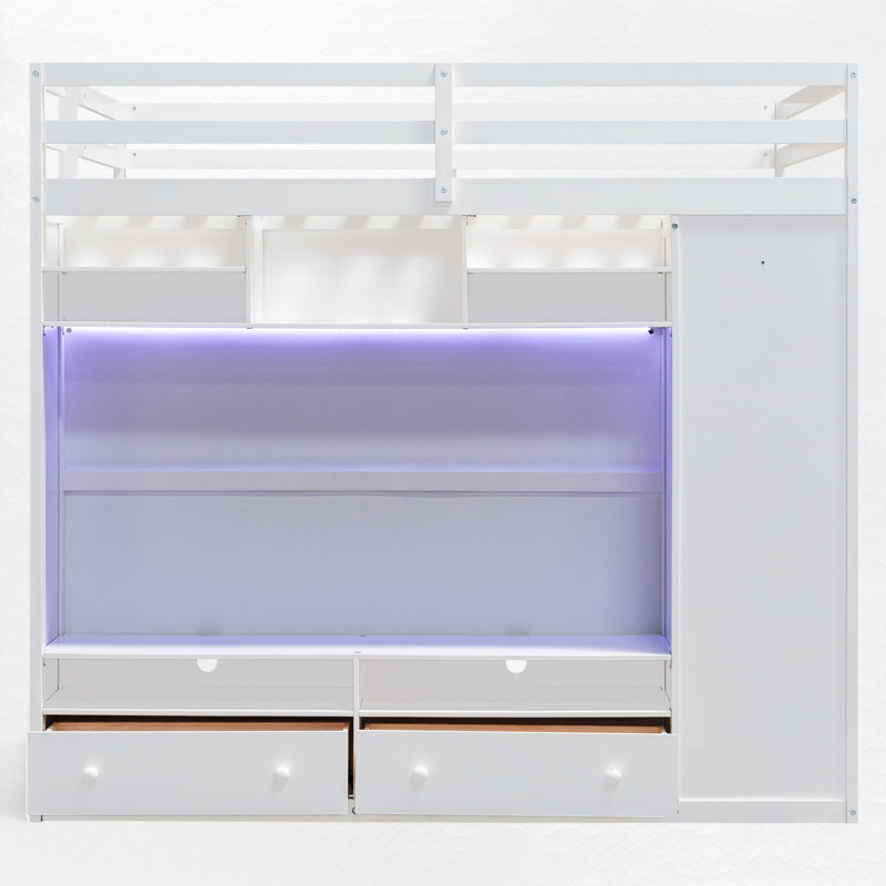 Full Size Loft Bed With Built-In Wardrobe And TV Stand, White