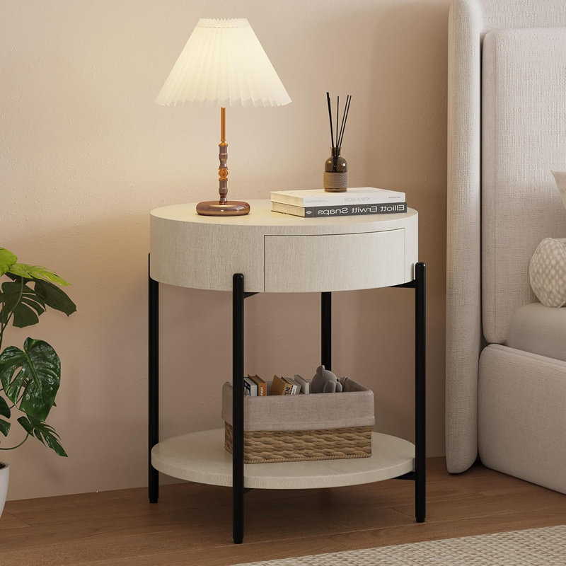 End Table Round Side Table With Drawer Circle End Tables Wooden Bedside Table, White Wood