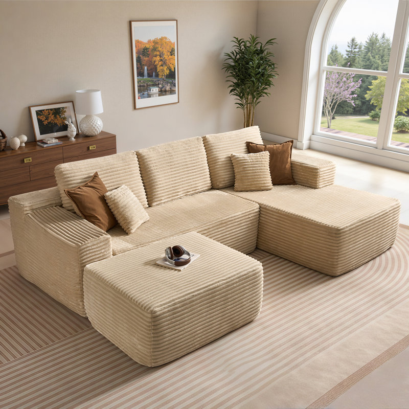 Canapé modulaire en forme de L avec repose-pieds 106 po 106 po, Peluche beige, Orienté à droite