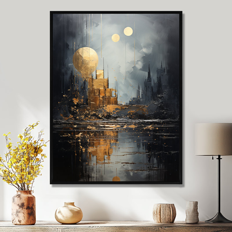 Golden Cityscape Full Moon Reflection - Art abstrait paysage mural, Toile avec cadre flottant noir