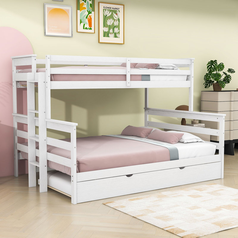 Wood Frame Twin XL Over Queen Bunk Bed with Trundle, White