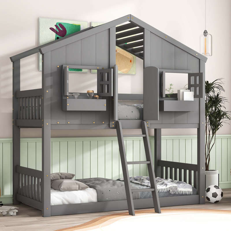 Twin Over Twin House Bunk Bed With Roof and Window, Gray