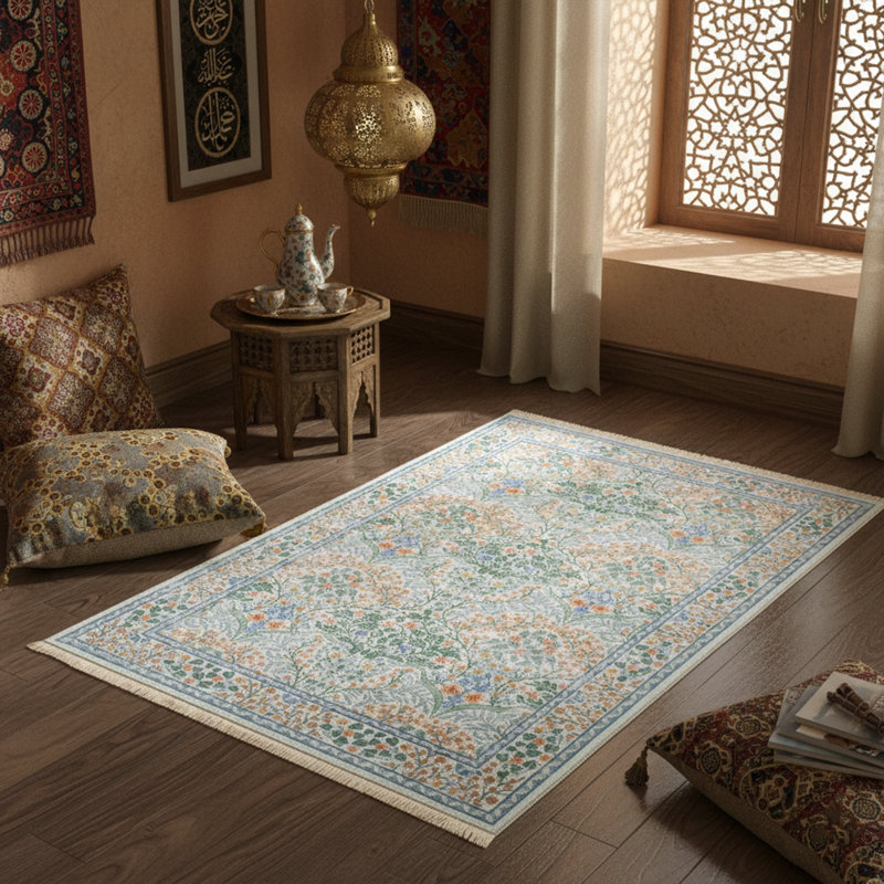 Garden Lattice Light Blue Area Rug, Green