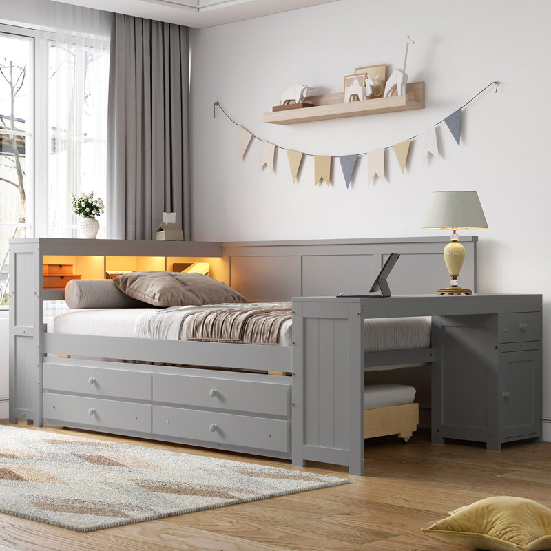 Full Size Daybed With Storage Shelves,Drawers,Trundle,Charging Station,LED Light,Desk And Cabinet, Gray