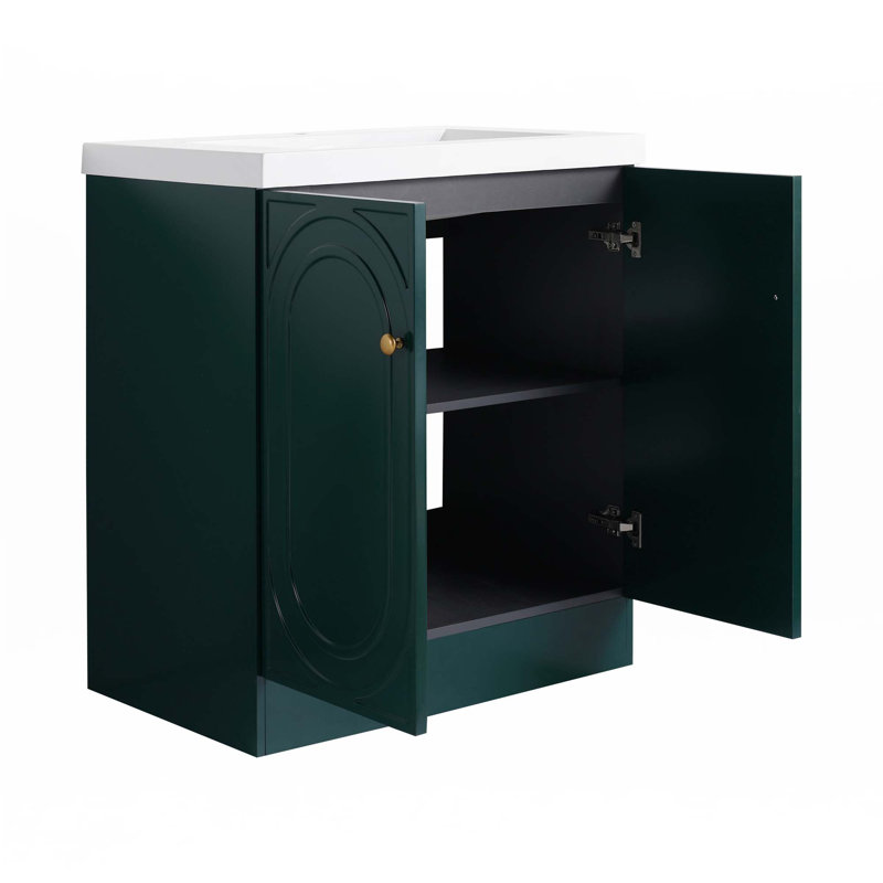 Meuble-lavabo autoportant avec lavabo en résine blanche, Vert foncé, Doré