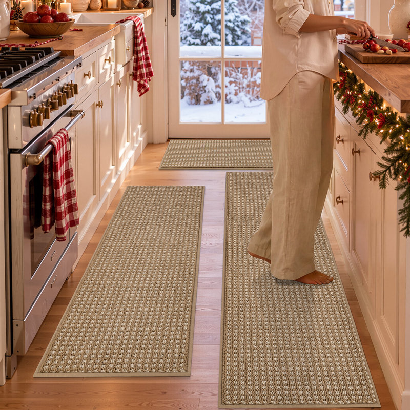 Ensemble de tapis de cuisine tissés avec envers antidérapant, résistants aux taches et absorbants, 17*29+17*48+17*59, Beige