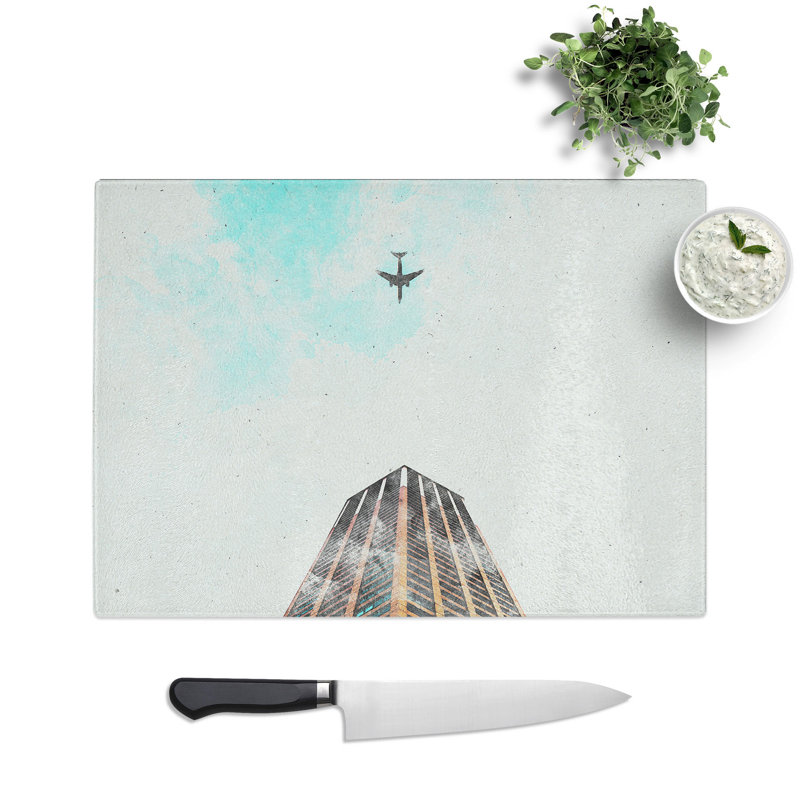 Tempered Glass Airplane Flying Above Tokyo Watercolour Chopping Board, 20 cm x 28.5 cm